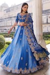 Buy_Vinita Bhansali_Blue Silk, Chiffon Embroidery, Zari Round Neck Nura Designer Lehenga Set _at_Aza_Fashions