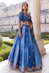Vinita Bhansali_Blue Silk, Chiffon Embroidery, Zari Round Neck Nura Designer Lehenga Set _Online_at_Aza_Fashions