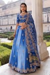 Shop_Vinita Bhansali_Blue Silk, Chiffon Embroidery, Zari Round Neck Nura Designer Lehenga Set _at_Aza_Fashions