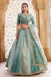 Buy_Vinita Bhansali_Green Silk, Chiffon, Satin Embroidery, Tassels, Zari Keyhole Charm Lehenga Set _at_Aza_Fashions