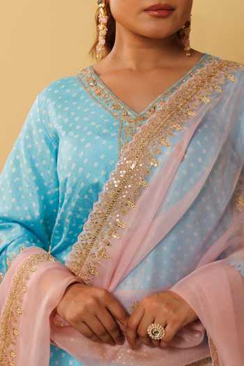 Vinita Bhansali_Blue , Organza Pearls, Sequins, Embroidery V-neck Gulbahar Gharara Set _Online_at_Aza_Fashions
