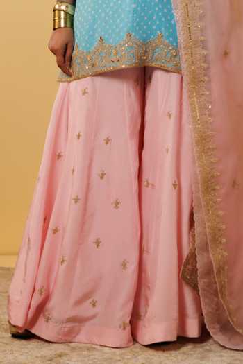 Buy_Vinita Bhansali_Blue , Organza Pearls, Sequins, Embroidery V-neck Gulbahar Gharara Set _Online_at_Aza_Fashions