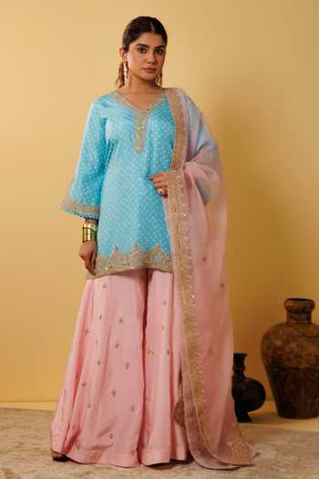 Buy_Vinita Bhansali_Blue , Organza Pearls, Sequins, Embroidery V-neck Gulbahar Gharara Set _at_Aza_Fashions