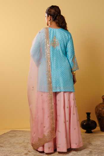 Shop_Vinita Bhansali_Blue , Organza Pearls, Sequins, Embroidery V-neck Gulbahar Gharara Set _at_Aza_Fashions