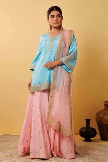 Shop_Vinita Bhansali_Blue , Organza Pearls, Sequins, Embroidery V-neck Gulbahar Gharara Set _Online_at_Aza_Fashions
