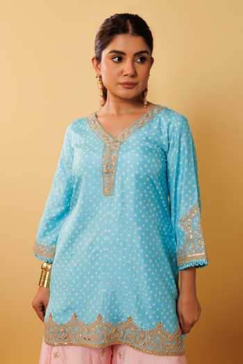 Vinita Bhansali_Blue , Organza Pearls, Sequins, Embroidery V-neck Gulbahar Gharara Set _at_Aza_Fashions