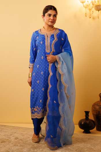 Buy_Vinita Bhansali_Blue , Organza Embroidery Round Neck Bandhani Suit Set _Online_at_Aza_Fashions