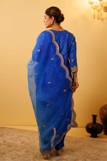 Shop_Vinita Bhansali_Blue , Organza Embroidery Round Neck Bandhani Suit Set _at_Aza_Fashions