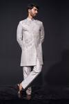 Buy_Niloufer By Aasif Ally_Silver Silk Zari, Beads Embroidered Zardozi Cutdana Sherwani Set _at_Aza_Fashions