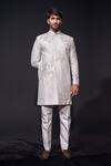Shop_Niloufer By Aasif Ally_Silver Silk Zari, Beads Embroidered Zardozi Cutdana Sherwani Set _at_Aza_Fashions