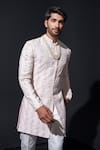 Shop_Niloufer By Aasif Ally_White Silk Cut Work, Pearls Floral Cutdana Embroidered Sherwani Set _Online_at_Aza_Fashions