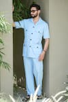 Buy_Niloufer By Aasif Ally_Blue Cotton Solid Pocketed Shirt And Pant Set _at_Aza_Fashions