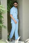 Niloufer By Aasif Ally_Blue Cotton Solid Pocketed Shirt And Pant Set _at_Aza_Fashions