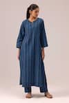 Buy Label Shreya Sharma Blue Cotton Split V-neck Striped Handwoven Kurta Set at Aza Fashions Buy_Label Shreya Sharma_Blue Cotton Split V-neck Striped Handwoven Kurta Set _at_Aza_Fashions