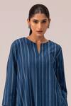 Shop Label Shreya Sharma Blue Cotton Split V-neck Striped Handwoven Kurta Set Online at Aza Fashions Shop_Label Shreya Sharma_Blue Cotton Split V-neck Striped Handwoven Kurta Set _Online_at_Aza_Fashions