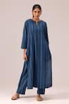 Label Shreya Sharma Blue Cotton Split V-neck Striped Handwoven Kurta Set at Aza Fashions Label Shreya Sharma_Blue Cotton Split V-neck Striped Handwoven Kurta Set _at_Aza_Fashions