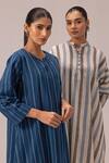 Buy Label Shreya Sharma Blue Cotton Split V-neck Striped Handwoven Kurta Set Buy_Label Shreya Sharma_Blue Cotton Split V-neck Striped Handwoven Kurta Set