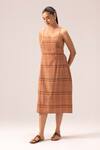 Label Shreya Sharma_Brown Handloom , Tassels Sweetheart Neck Handwoven Midi Dress _Online_at_Aza_Fashions