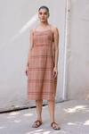 Label Shreya Sharma_Brown Handloom , Tassels Sweetheart Neck Handwoven Midi Dress _at_Aza_Fashions