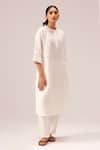 Label Shreya Sharma_White Handloom Cotton Embroidery Collared Handwoven Linen Kurta Set_Online_at_Aza_Fashions