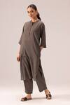 Label Shreya Sharma_Gray Handloom , Collared Grey Striped Handwoven Kurta Set _Online_at_Aza_Fashions