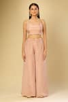 Samyukta Singhania_Peach Silk Sequins, Zari Round Neck, Floral Embroidered Jacket Palazzo Set _Online_at_Aza_Fashions