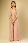 Buy_Samyukta Singhania_Peach Silk Sequins, Zari Round Neck, Floral Embroidered Jacket Palazzo Set _Online_at_Aza_Fashions