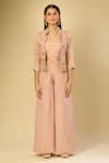 Samyukta Singhania_Peach Silk Sequins, Zari Round Neck, Floral Embroidered Jacket Palazzo Set _at_Aza_Fashions