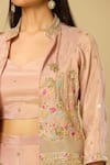 Buy_Samyukta Singhania_Peach Silk Sequins, Zari Round Neck, Floral Embroidered Jacket Palazzo Set 