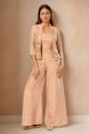 Buy_Samyukta Singhania_Peach Silk Sequins, Zari Round Neck, Floral Embroidered Jacket Palazzo Set _at_Aza_Fashions