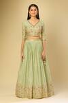 Buy_Samyukta Singhania_Green Silk Embroidery, Zari, Sequins V-neck Floral Lehenga Set_Online_at_Aza_Fashions