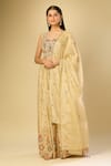 Samyukta Singhania_Beige Silk, Chiffon Sequins, Embroidery Square Neck Floral Vine Lehenga Set_Online_at_Aza_Fashions