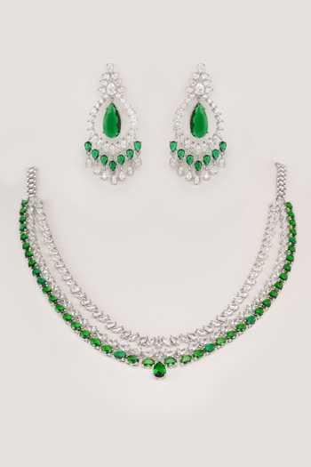 Shop_Zevar By Geeta_White Crystals, Stones Contemporary Diamond Necklace And Earring Set _at_Aza_Fashions