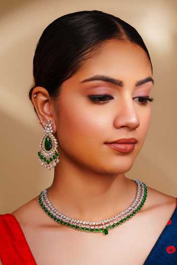Buy_Zevar By Geeta_White Crystals, Stones Contemporary Diamond Necklace And Earring Set _at_Aza_Fashions