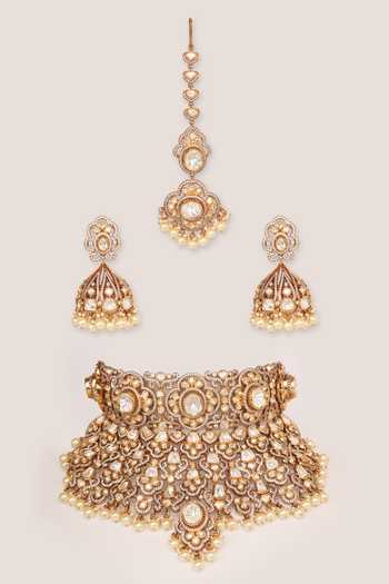 Shop_Zevar By Geeta_Gold Plated Diamonds, Pearls Kundan Necklace Set _at_Aza_Fashions