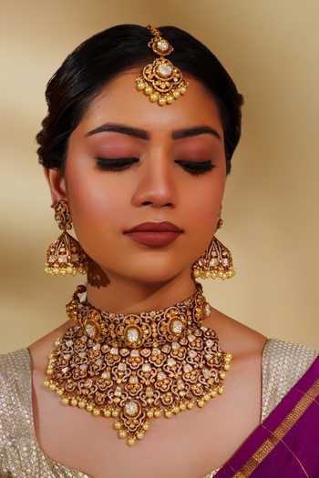 Shop_Zevar By Geeta_Gold Plated Diamonds, Pearls Kundan Necklace Set _Online_at_Aza_Fashions
