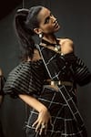 Ekaya Banaras_Black Windowpane Check Silk Saree _Online_at_Aza_Fashions