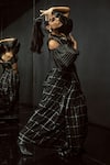 Shop_Ekaya Banaras_Black Windowpane Check Silk Saree _at_Aza_Fashions