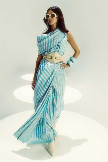 Shop_Ekaya Banaras_Blue Silk Nautical Stripe Saree _at_Aza_Fashions