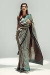 Buy_Ekaya Banaras_Emerald Green Silk Satin Zari Asymmetric Houndstooth Saree _at_Aza_Fashions