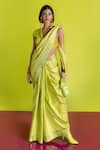 Buy_Ekaya Banaras_Lavender Silk Satin Asymmetric Lime Houndstooth Handwoven Saree _at_Aza_Fashions