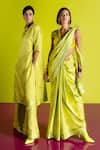 Ekaya Banaras_Lavender Silk Satin Asymmetric Lime Houndstooth Handwoven Saree _Online_at_Aza_Fashions
