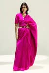 Buy_Ekaya Banaras_Red Silk Satin Burgundy And Pink Houndstooth Saree _at_Aza_Fashions