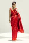 Buy_Ekaya Banaras_Red Silk Satin Houndstooth Saree _at_Aza_Fashions