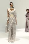 Ekaya Banaras_Cream Silk Satin Round Neck Vanilla Polka Glen Plaid Saree _Online_at_Aza_Fashions