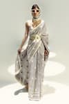 Buy_Ekaya Banaras_Cream Silk Satin Round Neck Vanilla Polka Glen Plaid Saree _at_Aza_Fashions