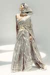Buy_Ekaya Banaras_Cream Silk Satin Round Neck Vanilla Polka Glen Plaid Saree _Online_at_Aza_Fashions