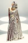 Shop_Ekaya Banaras_Cream Silk Satin Round Neck Vanilla Polka Glen Plaid Saree _at_Aza_Fashions