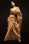 Buy_Ekaya Banaras_Yellow Organza Retro Floral Printed Saree _at_Aza_Fashions