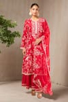Buy_Anushree Reddy_Red Cotton, Chiffon Embroidery Split V-neck Aari Kurta Set _at_Aza_Fashions